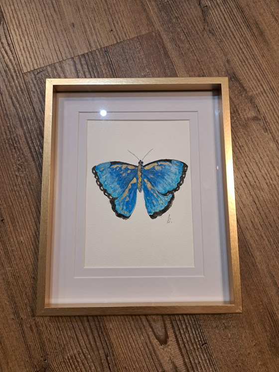 Image 1 of Pintura de acuarela Mariposa Morfo Azul | Marco dorado
