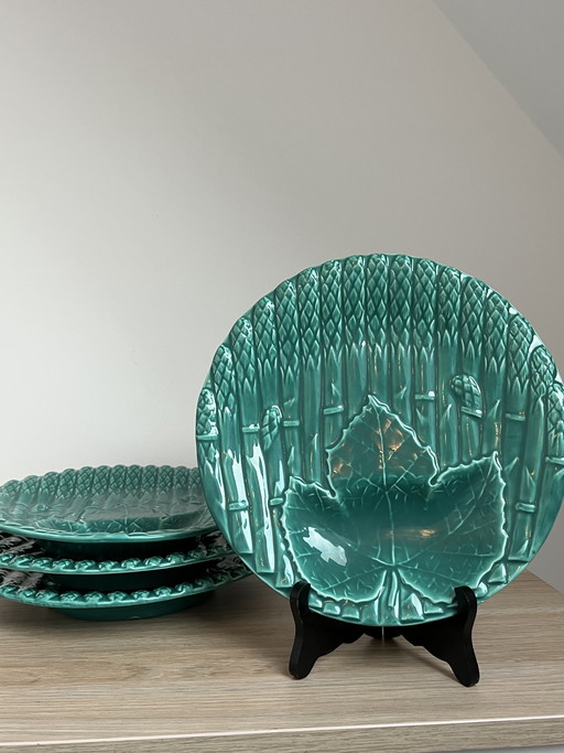 Splendido set di 4 piatti francesi Barbotine per asparagi – Maiolica turchese
