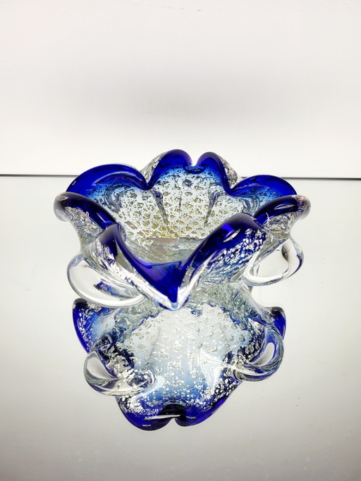 Murano Bowl, Organic Design Clear Murano Glass With 24 Carat Gold Leaf And Silverleaf, Italy
