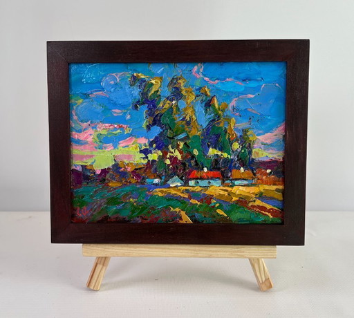 Original Oil Painting Summer Village Landscape When the day fades into evening
