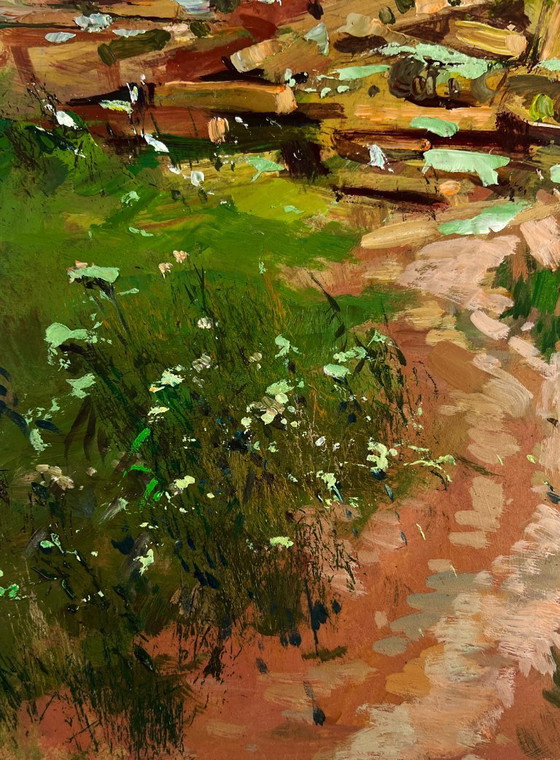 Image 1 of Original Oil Painting Rural Life Landscape Work on a summer day in the village