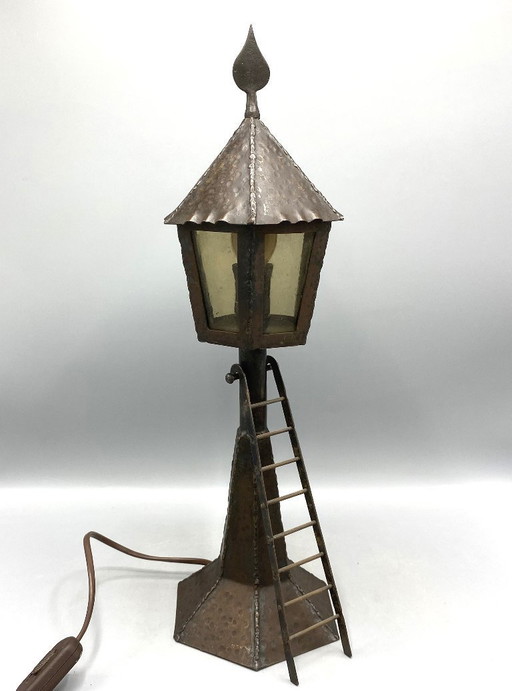 Vintage handgesmede smeedijzeren vuurtoren tafellamp – Rustieke