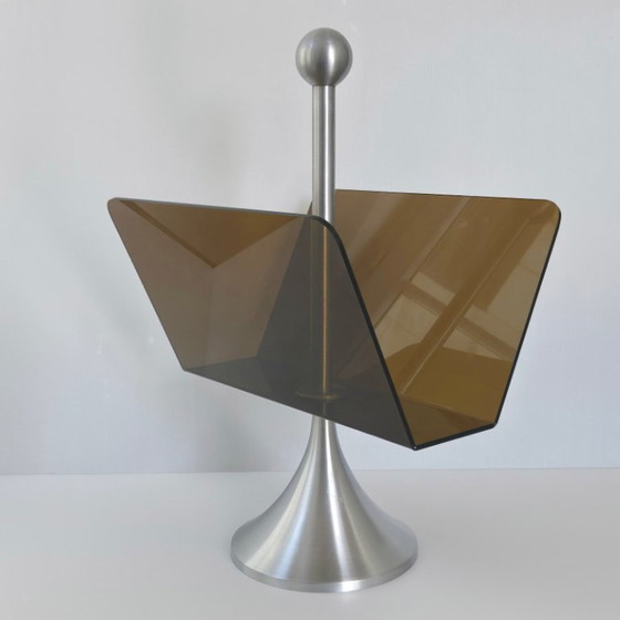 Image 1 of PORTE-REVUES VINTAGE 1970 EN ACIER BROSSE & PLEXIGLAS 70S SPACE AGE POP 1970S