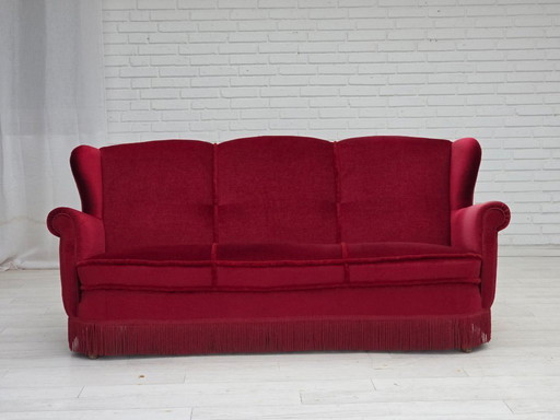 1960s, Danish 3-seater curved sofa, red furniture velour.