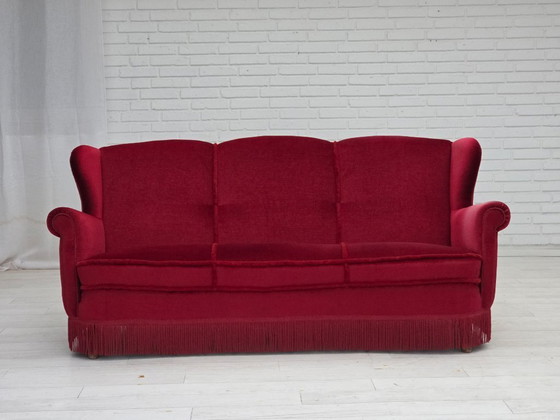 Image 1 of 1960s, Danish 3-seater curved sofa, red furniture velour.