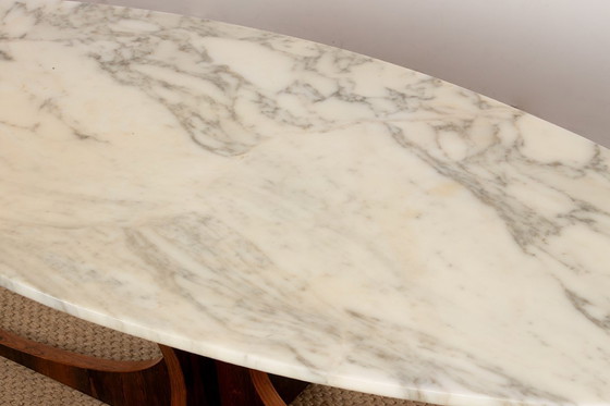 Image 1 of Oval coffee table in Carrara marble and rosewood by Hugues Poignant 1960.