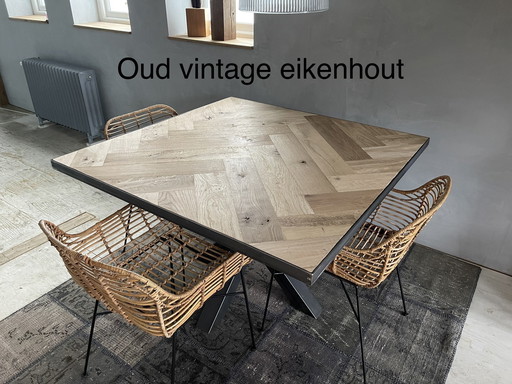 Herringbone dining table. Vintage oak.