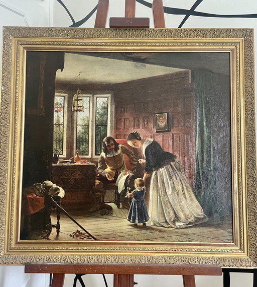 Tableau ancien encadré - The First Step - reproduction entoilée - cadre doré - style classique - art victorien - 76x83 cm