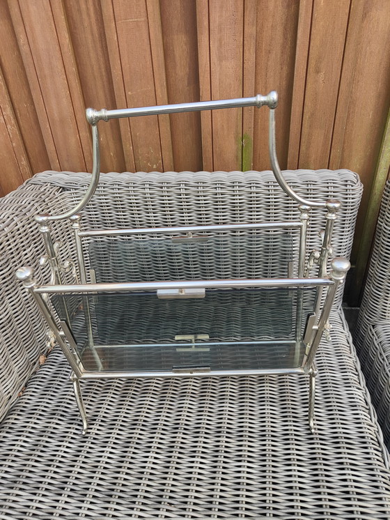 Image 1 of Vintage Magazine Rack of Brass and Glass Maison Bagues