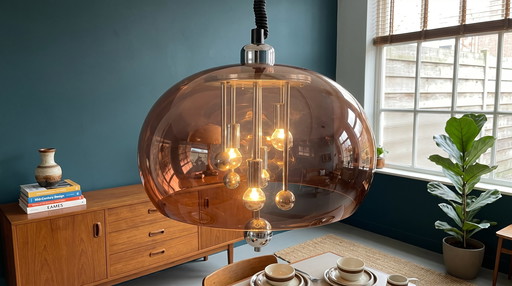 Italian Space Age pendant Sputnik lamp, 1970s, smoked acrylic & chrome, height adjustable
