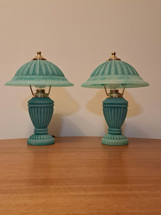 Image 1 of 🔵🟡 2 Vintage Glass & Brass Table Lamps – Turquoise – Excellent Condition