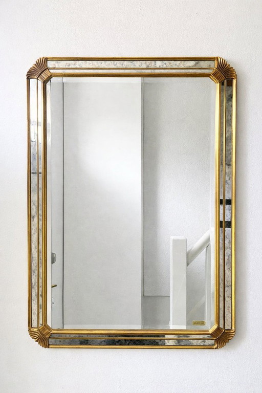 Vintage Deknudt trapezoid mirror – gold frame with smoked mirror glass – Hollywood Regency style – 95 × 69 cm