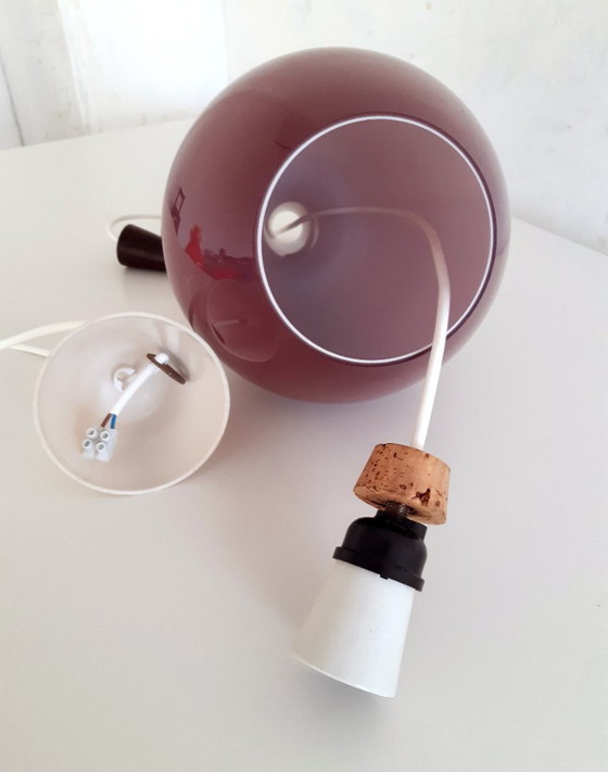 Image 1 of Drop glass mcm pendant lamp, white opal glass with purple top coat, scandinavian design