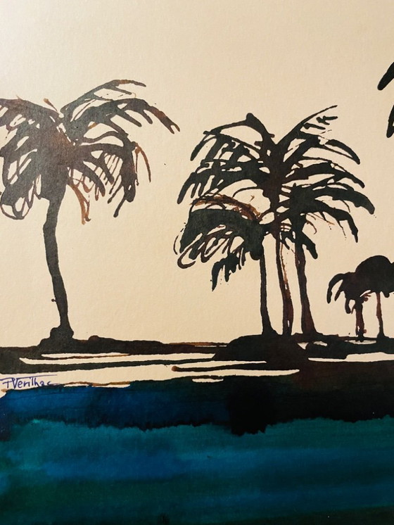 Image 1 of Acuarela bicolor firmada "Crepúsculo en el Nilo"