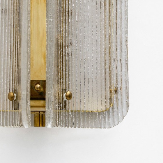 Image 1 of Pair of Curved Clear Ribbed Murano Glass and Brass Wall Sconces