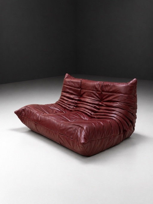 Togo 2 zit Ligne Roset in bordeauxrood leder van Stolz