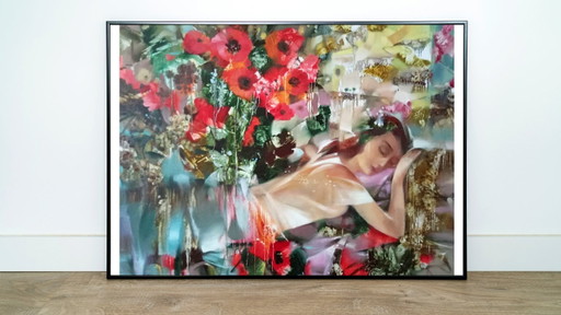 Original Oil Painting Abstract Figurative Girl Flowers Morning Symphony – schilderijen tekeningen, Canvas (photo 2 of 13)