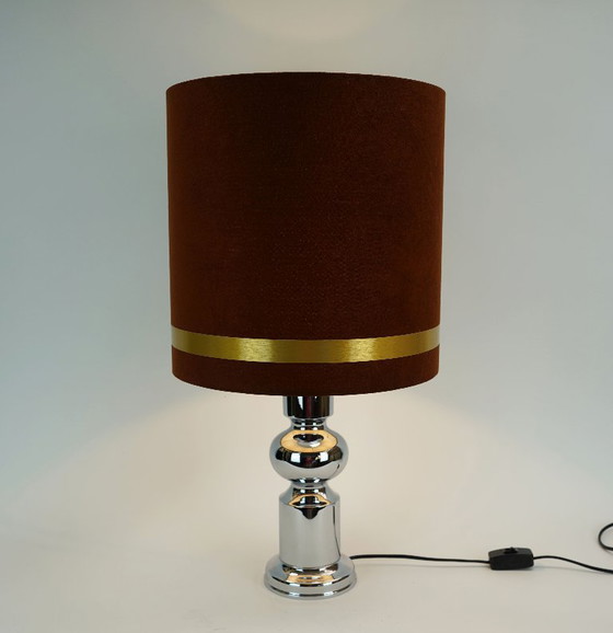 Large 1970s Table Lamp Aro-Leuchten Chrome Base Brown Velvet Lampshade (photo 5 of 11)