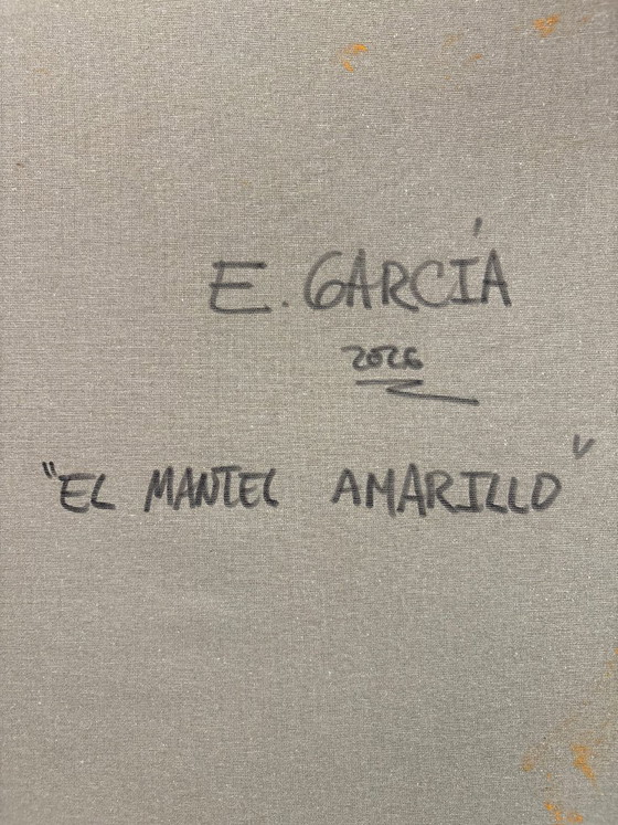 Image 1 of Pintura acrílica del artista E. García "El mantel amarillo" 100x70 cm