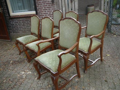 6 antique oak dining chairs 2 with armrest Green velour upholstery