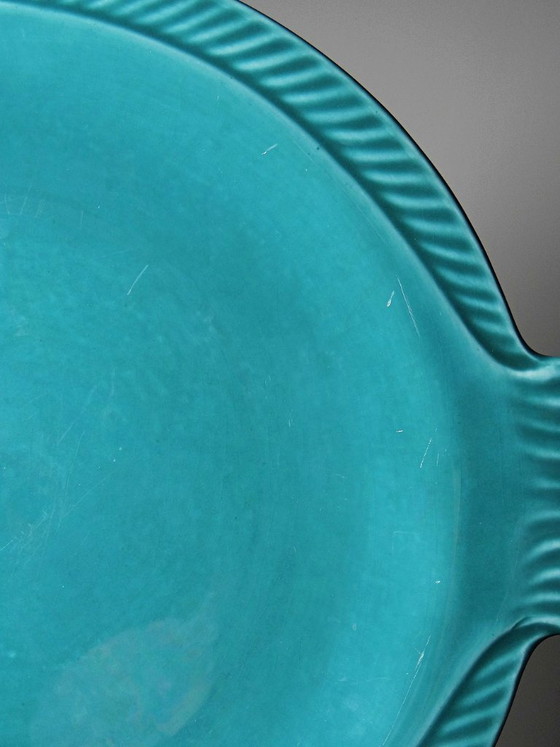 Image 1 of Set of 5 vintage turquoise earthenware fish plates from the 1960s-70s