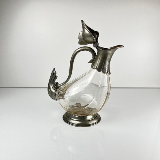 Image 1 of Calice a forma di gallo zoomorfo in vetro e peltro, stile Art Déco, 1930-1950 ca.