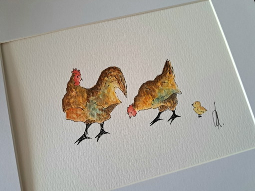 Origineel Aquarel Schilderij Kippen | Inclusief Lijstframe – schilderijen tekeningen, Paper (photo 2 of 5)