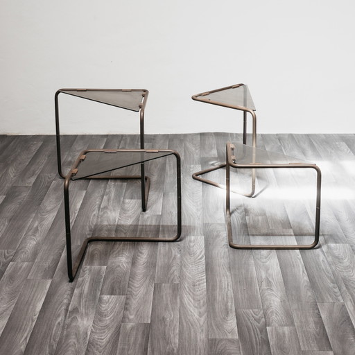 Set of 4 Modular Metal and Glass Coffee Tables, 1960s Modern Design