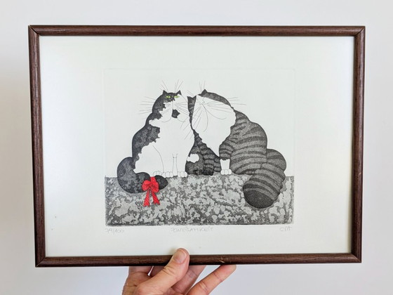 Eva Ziolkowski Signed Cats Etching Numbered 79/100 "Zweisamkeit" Framed Original Wall Art (photo 4 of 18)