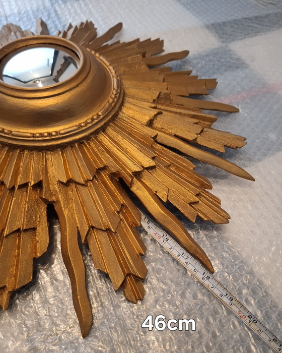 Image 1 of 46cm sun mirror in rare wood, 1950s version. Gold color.