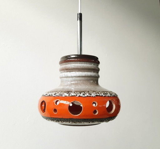 Keramieken aardewerken vintage hanglamp van Herda, west germany fat lava stijl, keramische retro, oranje hanglamp