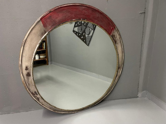 Image 1 of Vintage Round Mirror Distressed Painted Frame 1970s Europe