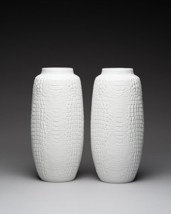 Image 1 of XL Manfred Frey Kaiser Bisque Porcelain Vase Crocodile Reptile Relief Op-Art Duo