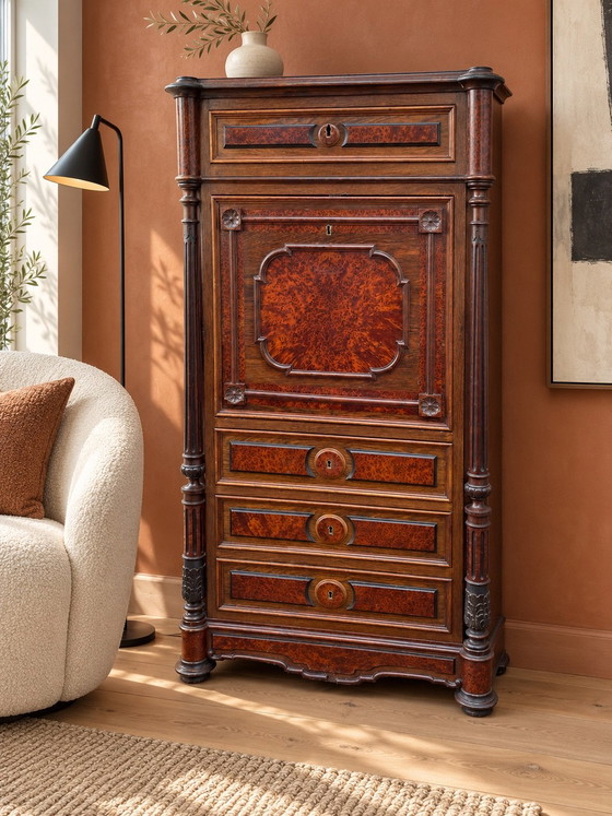 Secretaire con ribalta Napoleone III del XIX secolo in noce e acero, Cassettiere, Legno, Marrone (foto 11 di 11)