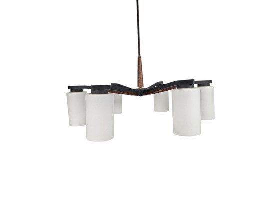 Image 1 of Vintage - Denmark - 6-armed ceiling lamp - teak - metal - opal glass - 60's