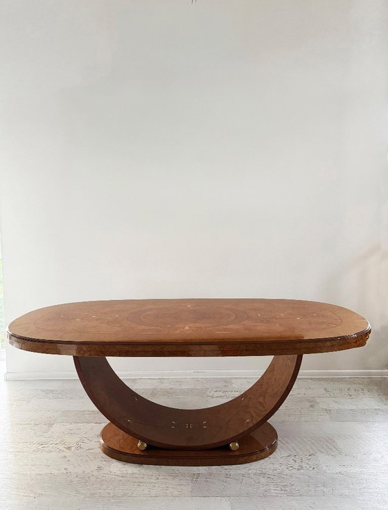 Image 1 of Stunning Art deco dining table in walnut root with mother of pearl