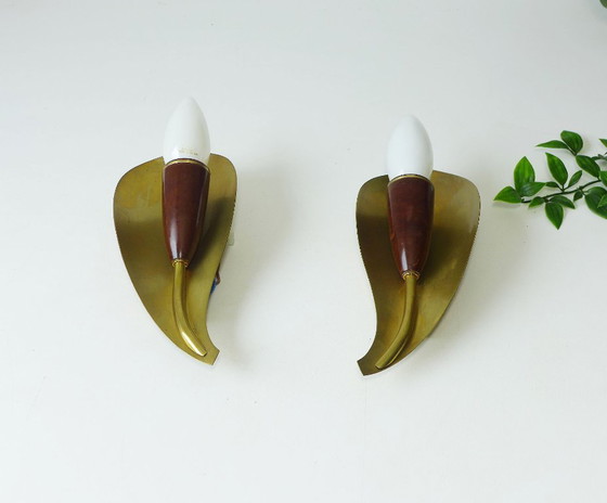 Coppia di Applique 'Foglia' anni '50 '60 Kaiser-Leuchten Ottone Bachelite (photo 4 of 9)