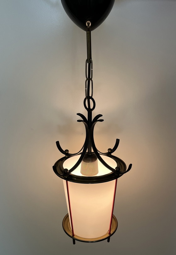 Image 1 of Unique Italian vintage pendant lamp | 1950s | Wrought iron, brass & opaline glass