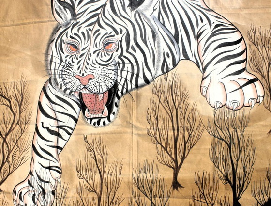 Tigre Bianca 183x122 cm, tela dipinta a mano dall'India. Unica! – Dipinti e disegni, Cotone (photo 4 of 8)