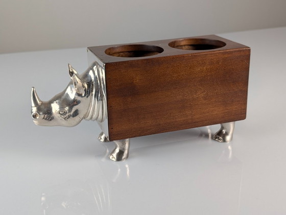Image 1 of Almazán Rhino Bottle Holder, Mid-Century Modern Wood & Nickel Silver, 1960s