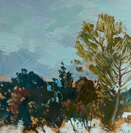 Image 1 of Origineel olieverfschilderij: Winterlandschap, winterse schemering
