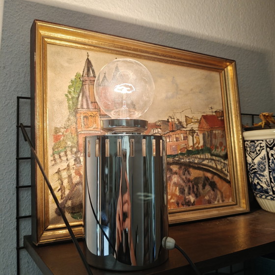 Image 1 of Vintage Chrome Space Age Table Lamp | Cylindrical Metal Design | 36 cm