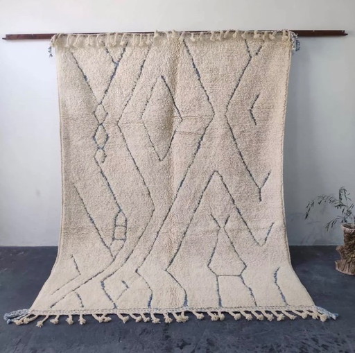 Grand Tapis Beni Ouarain Ecru et Bleu Gris, Motifs Berbères Modernes - 3x2M