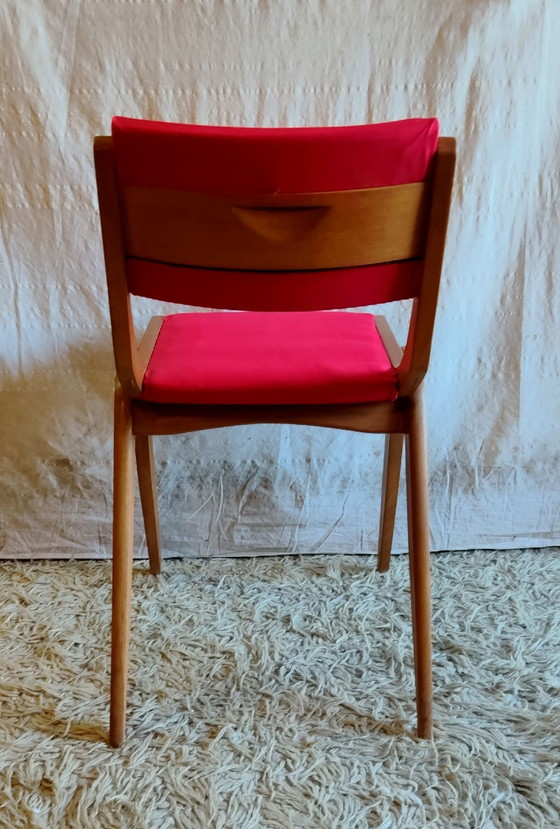 Sedia in legno massello e tessuto rosso - design anni '50 – Sedie da pranzo (photo 6 of 10)