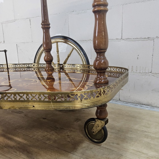 Vintage Italian Bar Cart (inlay work) romantic, Brass, Wood, Brown (photo 10 of 15)