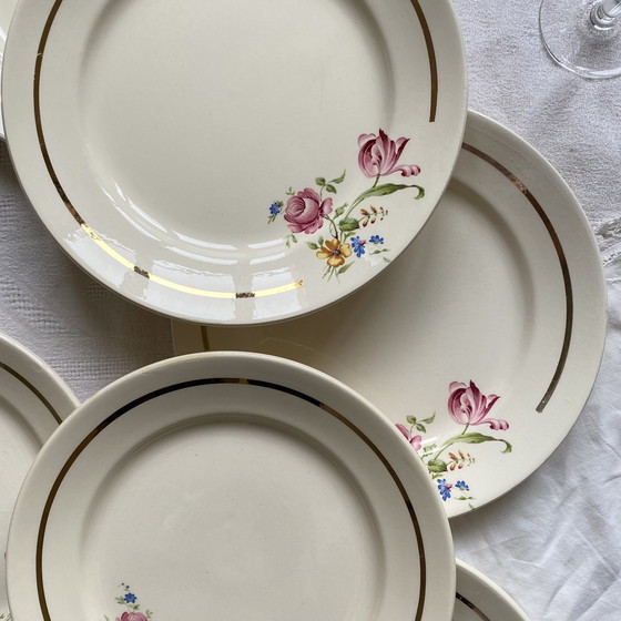 Image 1 of Set van 6 borden Badonviller Antiek Aardewerk Bloemen en Verguldsel
