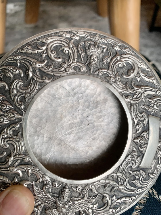 Handcrafted Siamese silver ashtray, 925 sterling silver, 147g – Garuda & Temple Angel – Table accessories (photo 3 of 7)