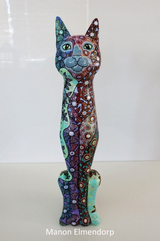 Unique Hand Painted Statue "Colorful Cat" Signed