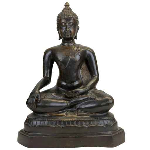 Thailändischer Bronze-Buddha in Bhumisparsha Mudra – Dunkle Patina