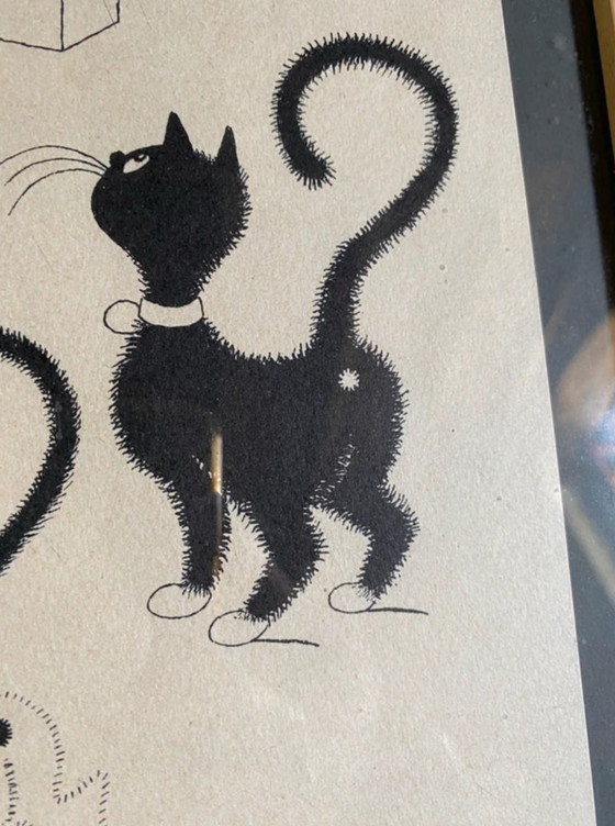 Lithographie "Chat Point d'Interrogation" Albert Dubout 1962. – Lithographies et sérigraphies, Bois, Papier (photo 7 of 12)